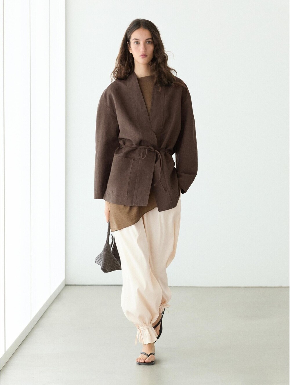 Massimo Dutti Linen Blend Kimono Jacket with Tie Detail - Chocolate, Size L